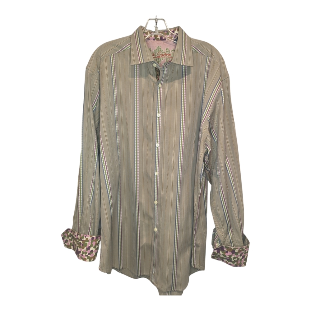 Robert Graham Beige Multicolor Check Stripe Shirt Button Front Cuff Size XL
